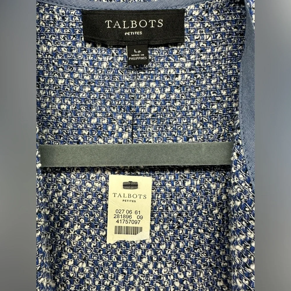 Talbots Blue Tweed Drape Open Front Blazer Classic Womens Size L Petite NEW - Picture 6 of 8